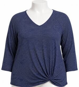 Gibson Top Womens 1X Blue White Striped V Neck Twist Front Hem 3/4 Sleeve